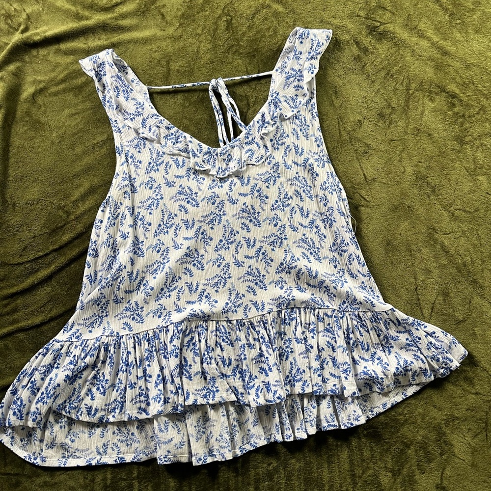 Blue and White Ruffled Peplum Tank Top